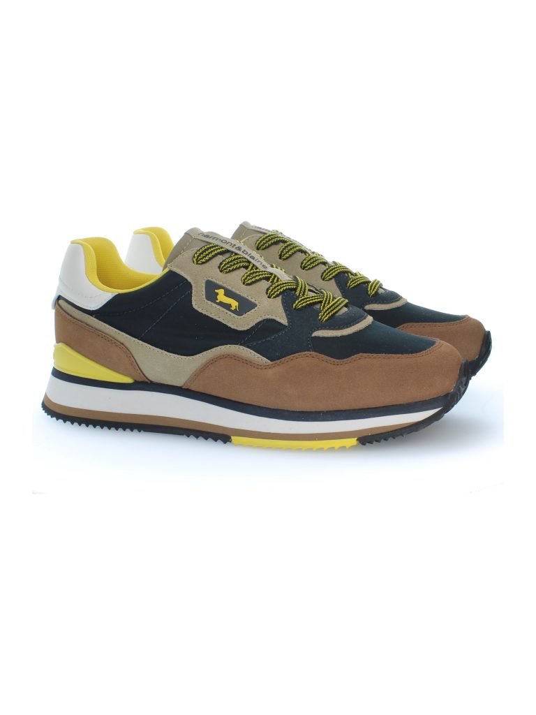 Sneaker Color Runner in camoscio e tessuto — Caramel e blu