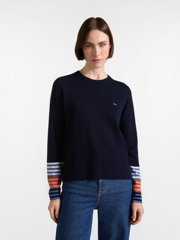 Maglia paricollo donna con contrasto a righe — Blu navy