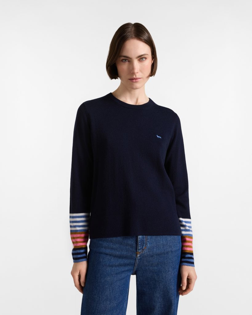 Maglia paricollo donna con contrasto a righe — Blu navy