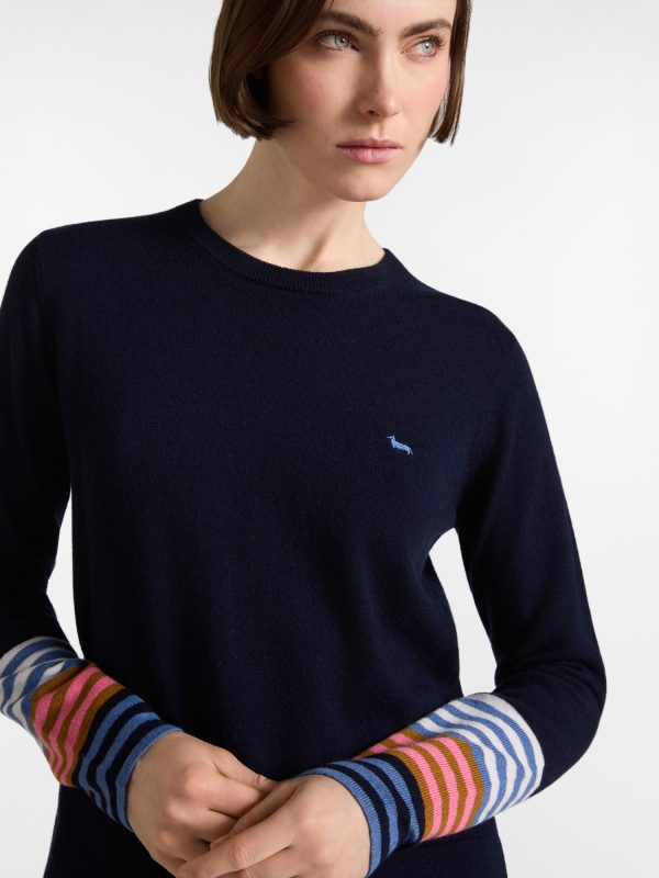 Maglia paricollo donna con contrasto a righe — Blu navy
