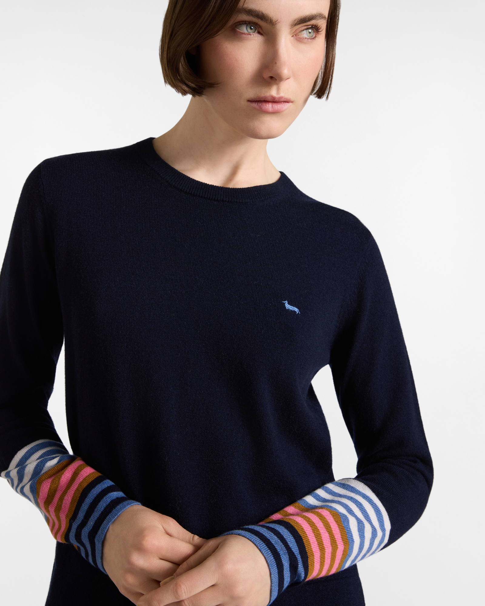 Maglia paricollo donna con contrasto a righe — Blu navy
