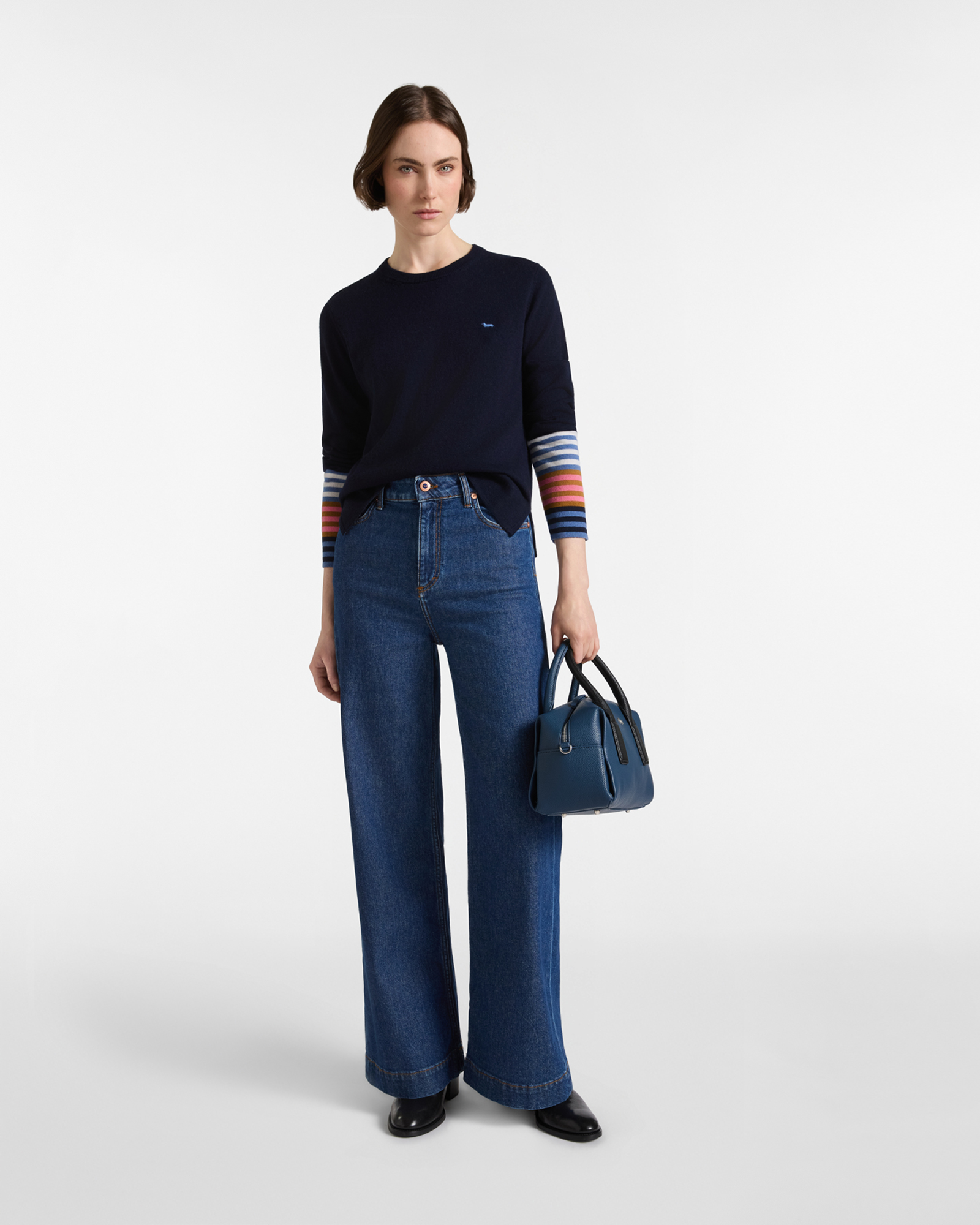 Maglia paricollo donna con contrasto a righe — Blu navy