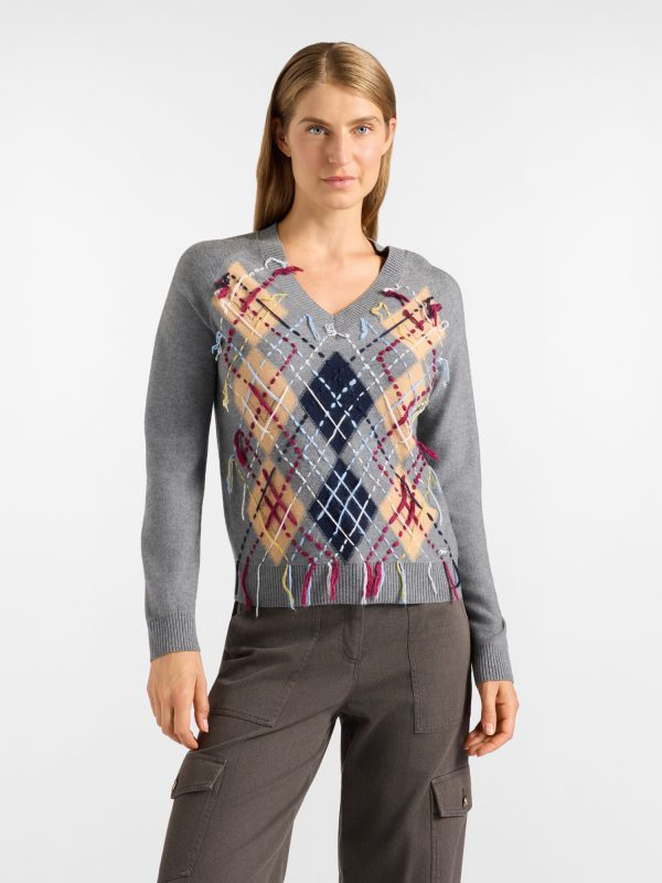 Maglia scollo a V donna con motivo argyle — Elefante