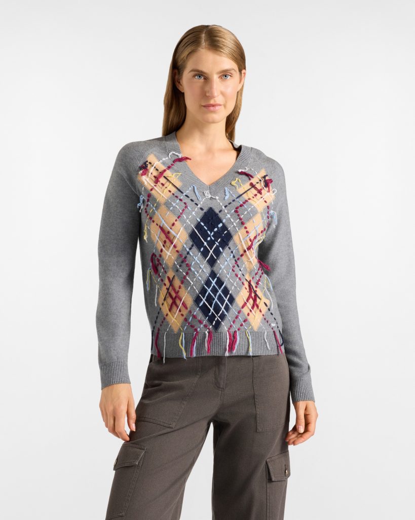 Maglia scollo a V donna con motivo argyle — Elefante