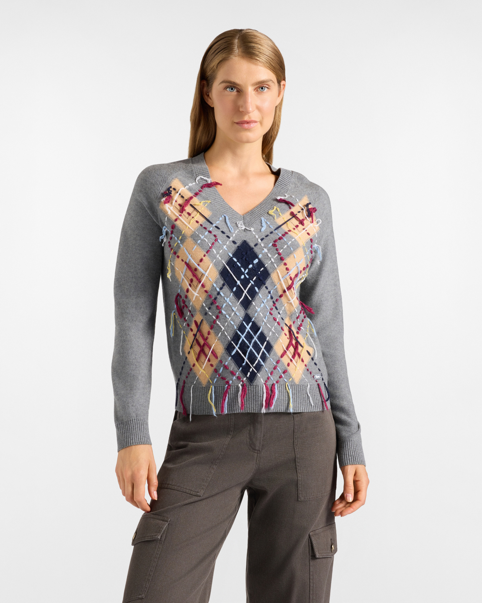 Maglia scollo a V donna con motivo argyle — Elefante