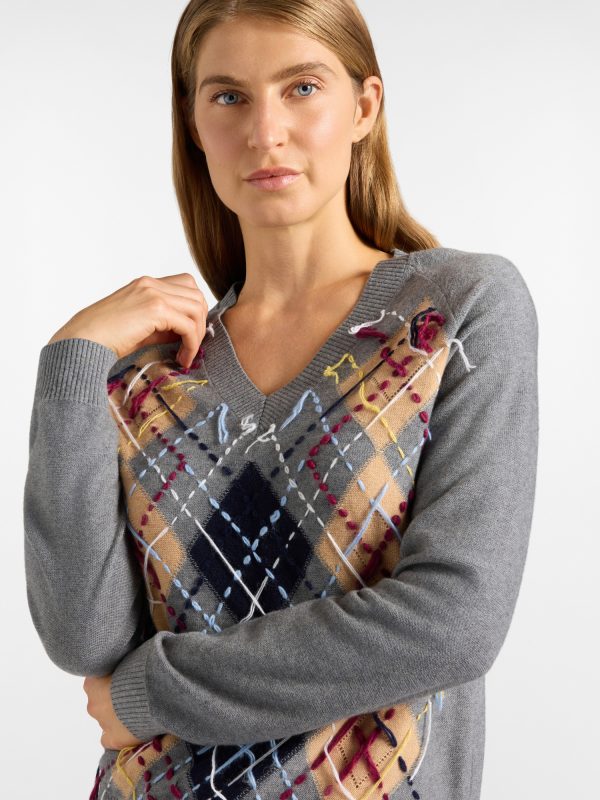 Maglia scollo a V donna con motivo argyle — Elefante