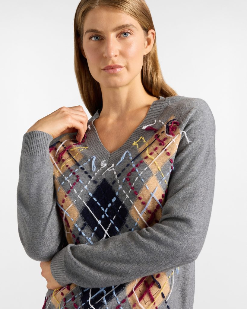 Maglia scollo a V donna con motivo argyle — Elefante