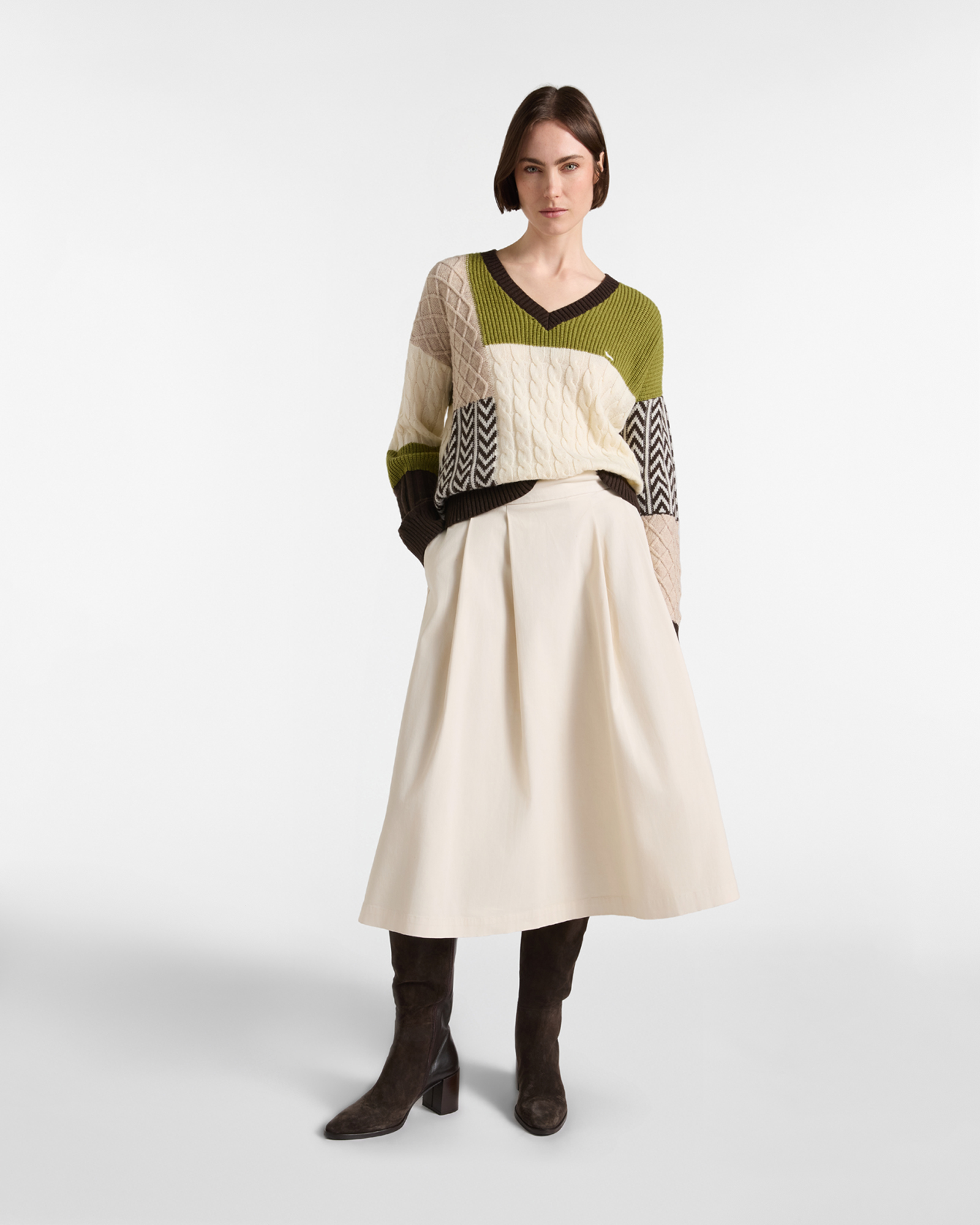 Maglia scollo a V donna color block — Nilo