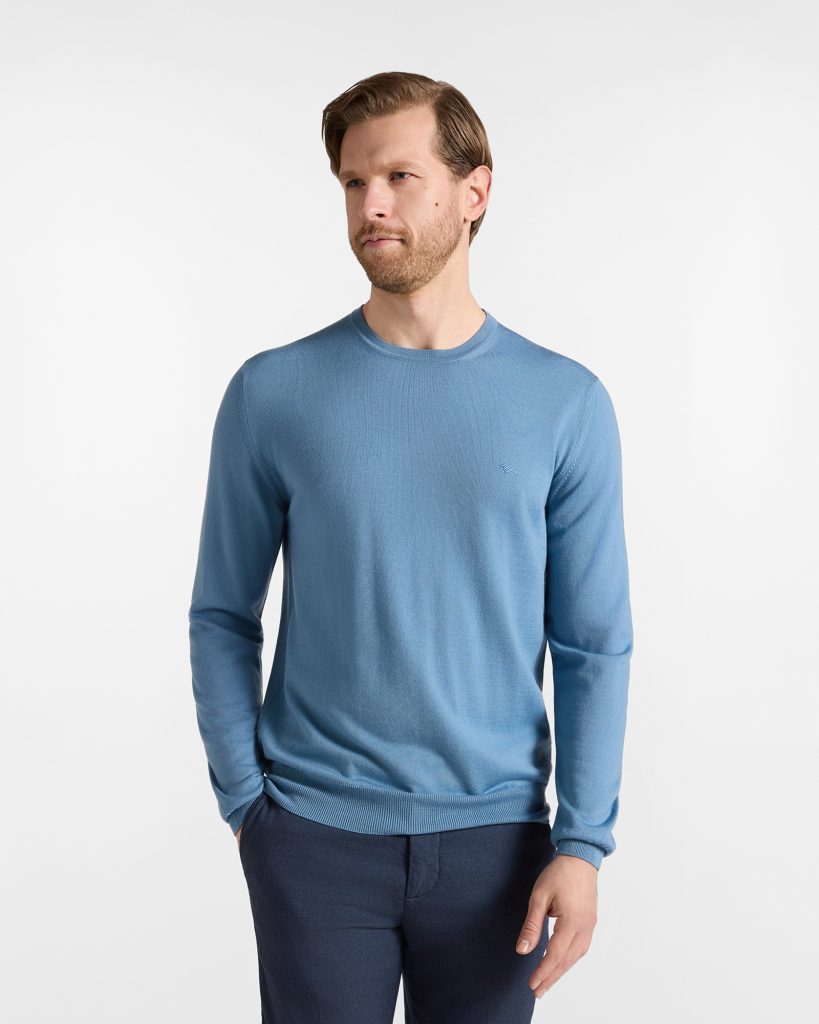 Maglia girocollo basic in lana merino — Azzurro ombretto