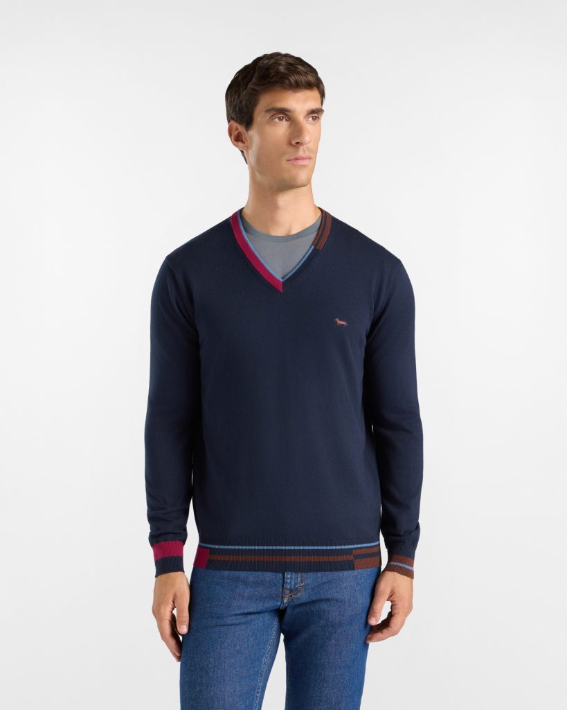 Maglia scollo a V color block — Blu navy