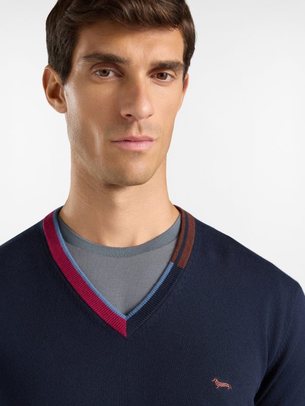 Maglia scollo a V color block — Blu navy