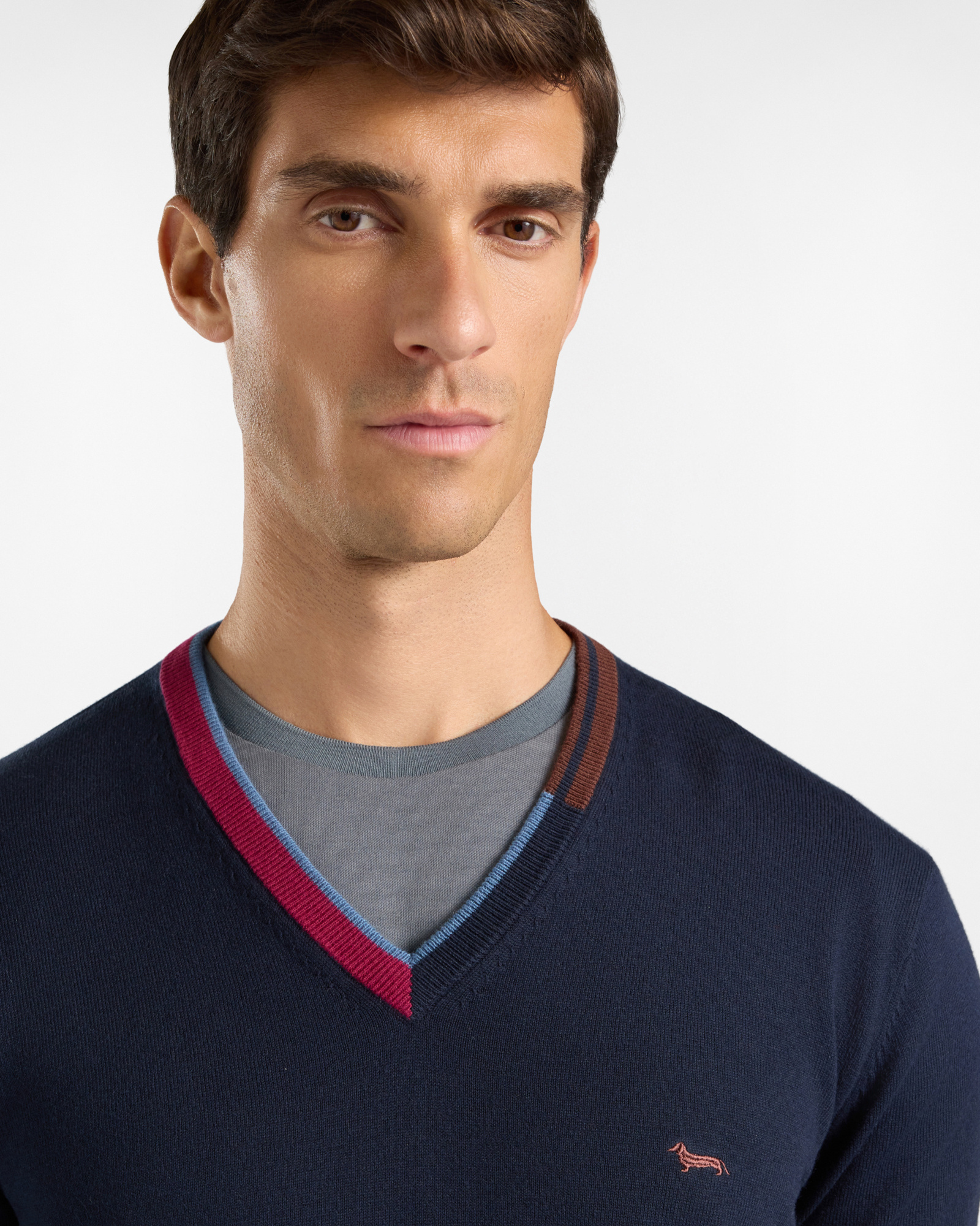 Maglia scollo a V color block — Blu navy
