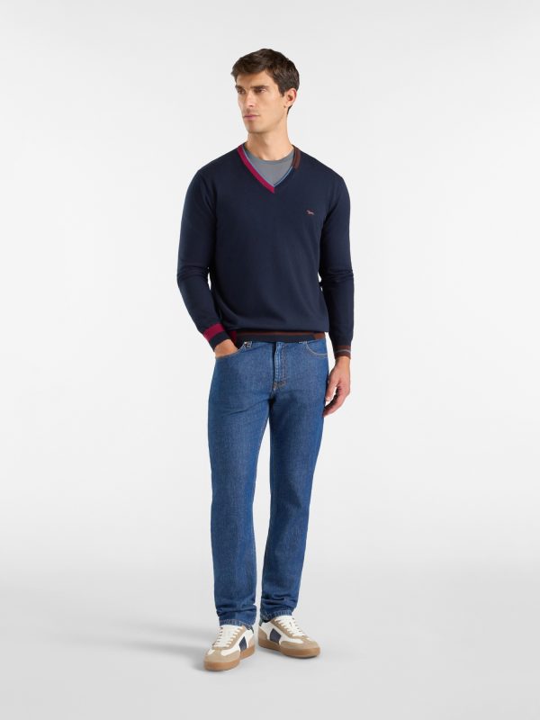 Maglia scollo a V color block — Blu navy