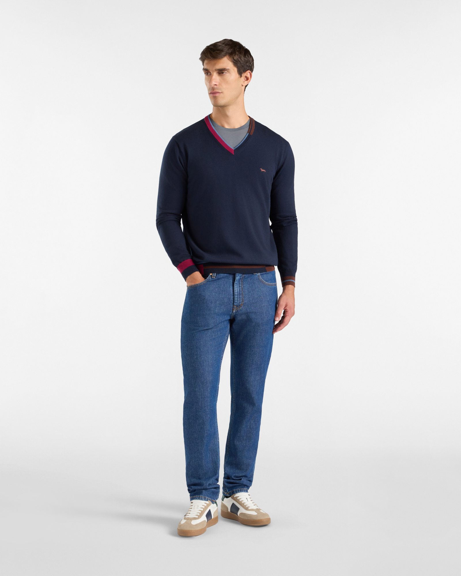 Maglia scollo a V color block — Blu navy