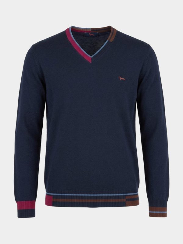 Maglia scollo a V color block — Blu navy