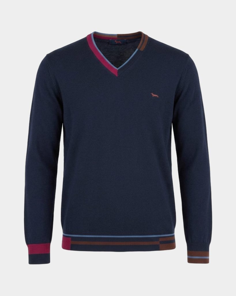 Maglia scollo a V color block — Blu navy