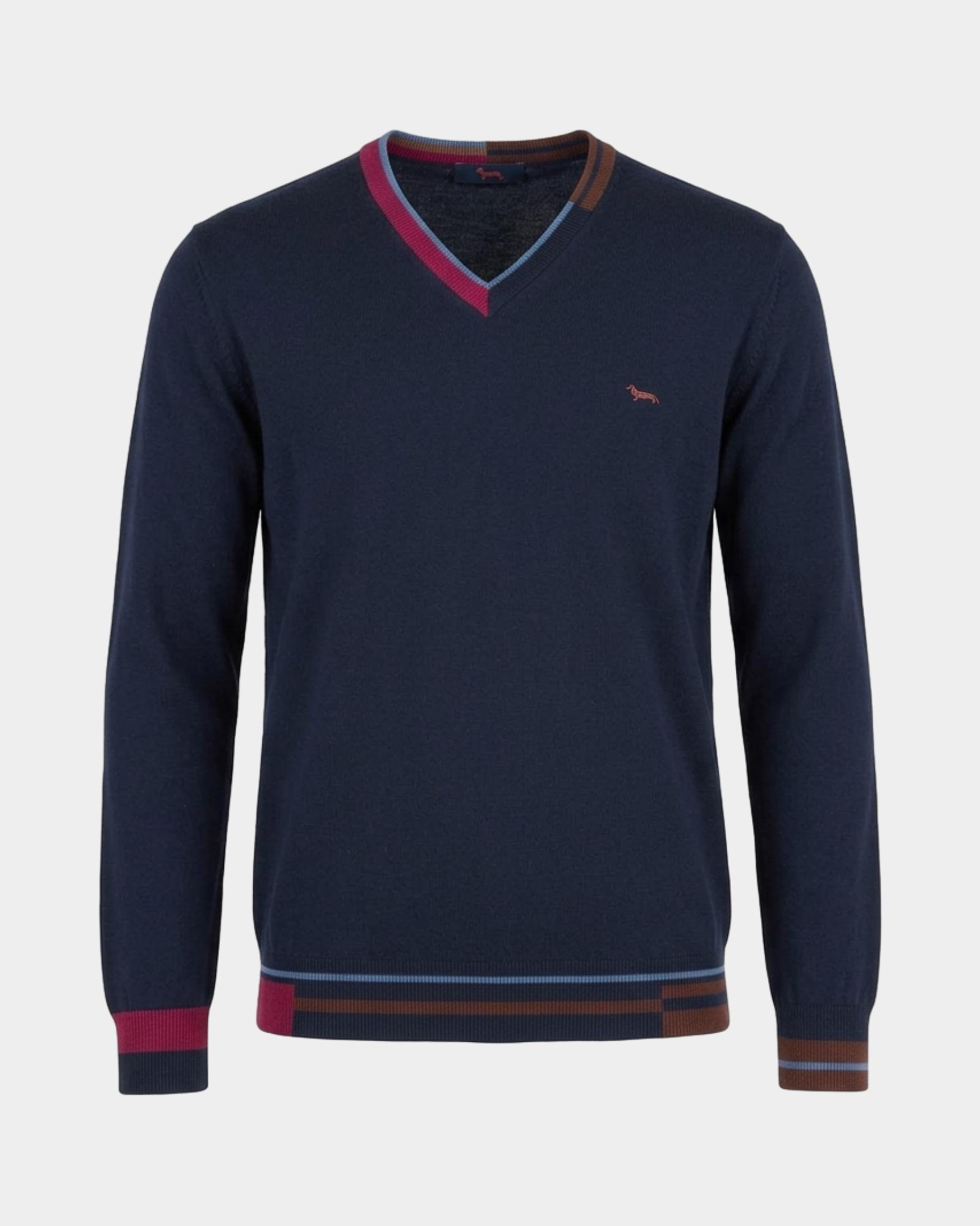 Maglia scollo a V color block — Blu navy