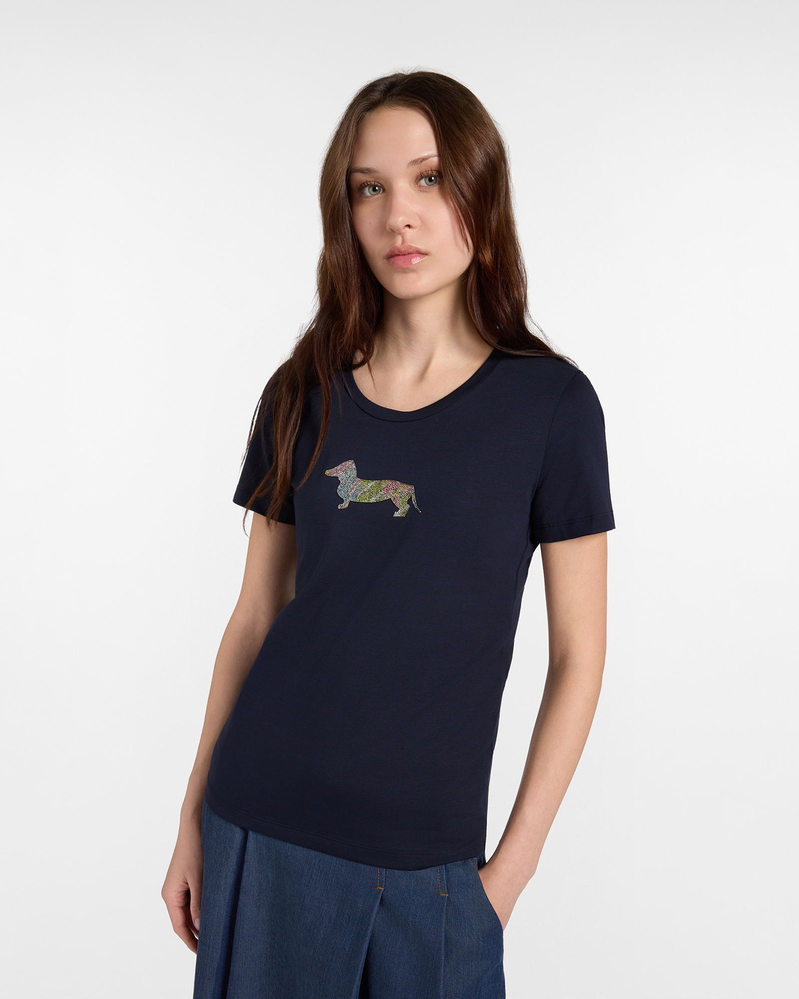 T-shirt donna morbida con bassotto — Blu navy