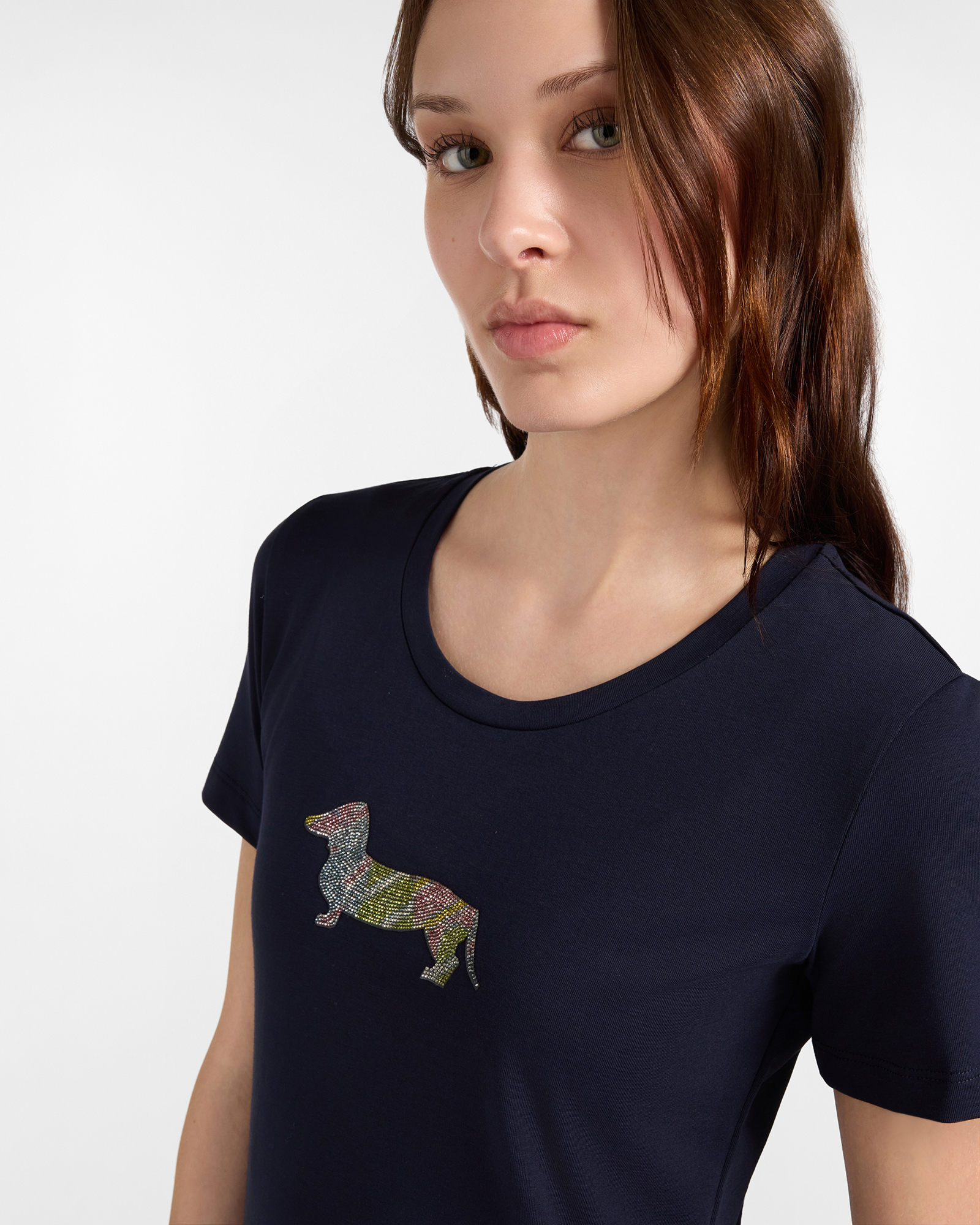 T-shirt donna morbida con bassotto — Blu navy
