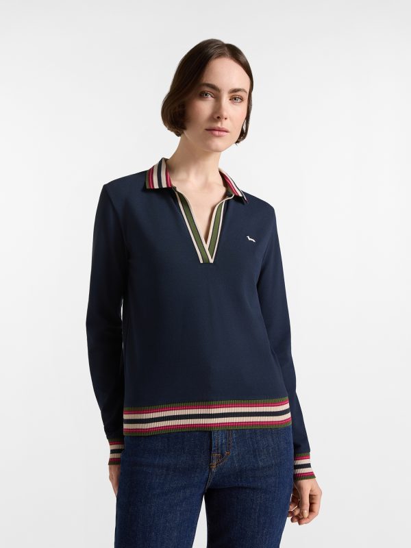 Polo donna morbida con costine — Blu navy