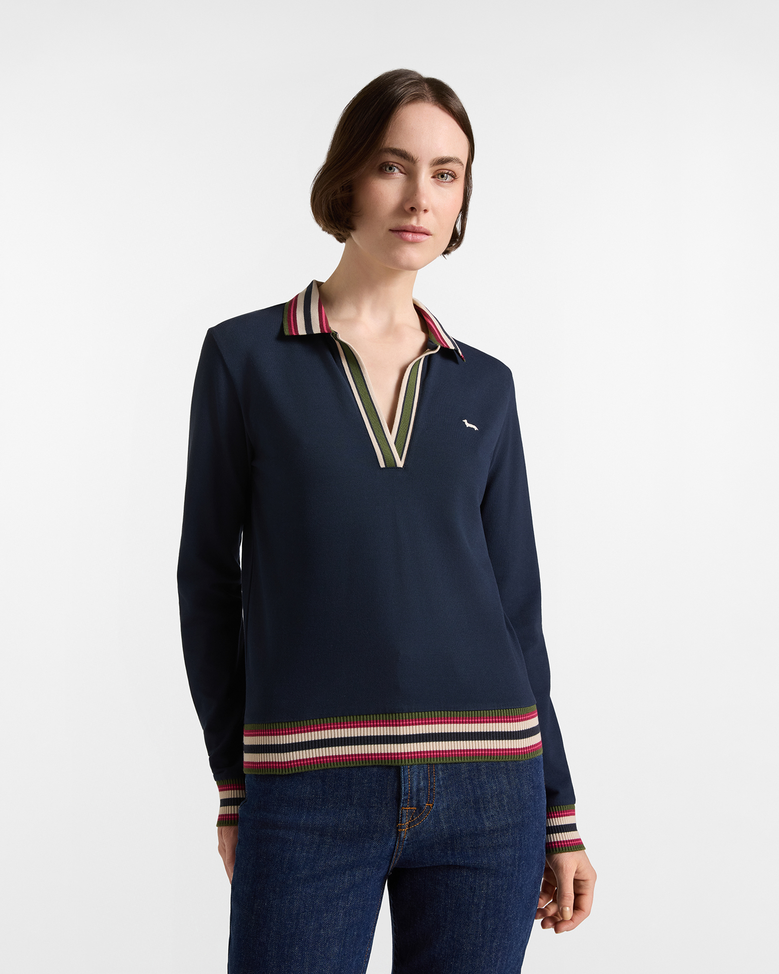 Polo donna morbida con costine — Blu navy