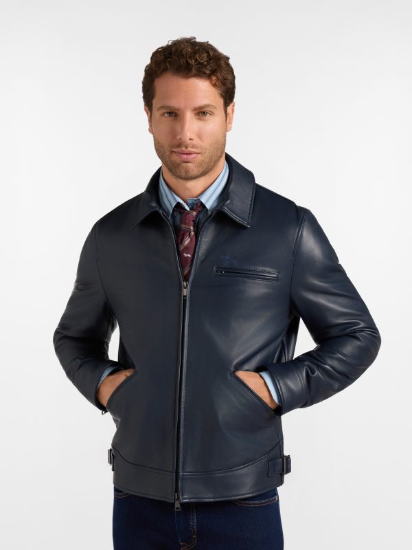Bomber in pelle con collo a camicia — Blu navy