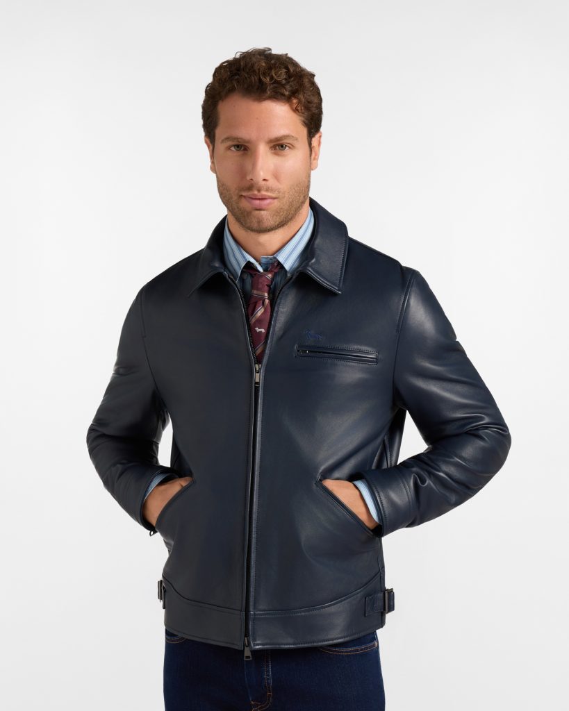 Bomber in pelle con collo a camicia — Blu navy