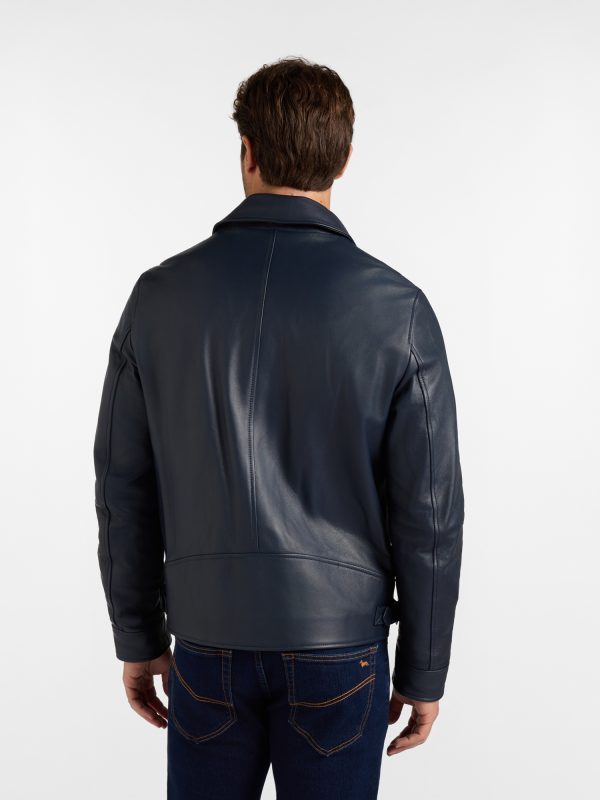 Bomber in pelle con collo a camicia — Blu navy