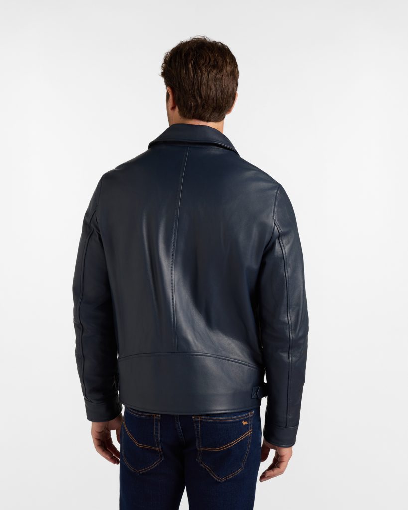 Bomber in pelle con collo a camicia — Blu navy