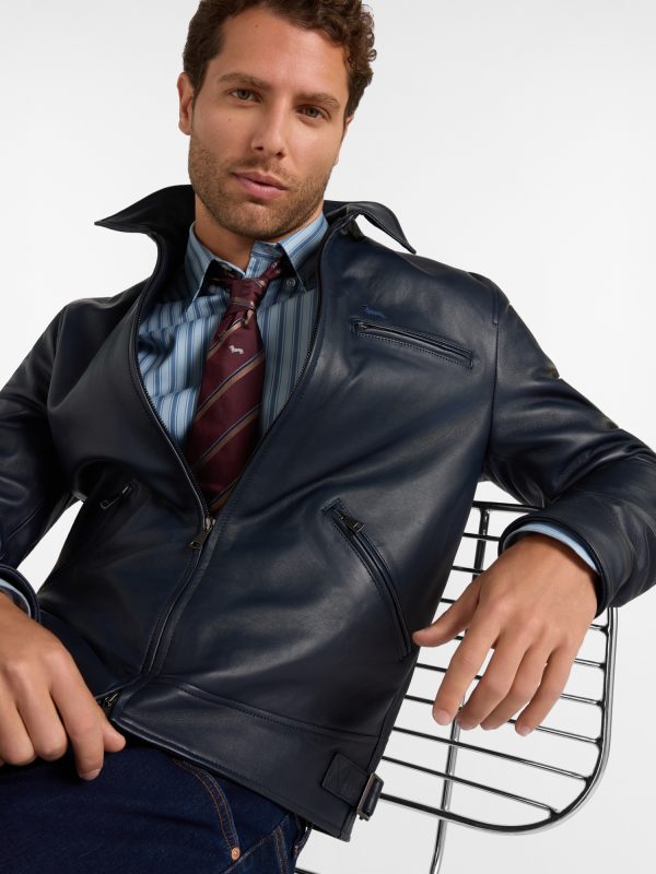 Bomber in pelle con collo a camicia — Blu navy