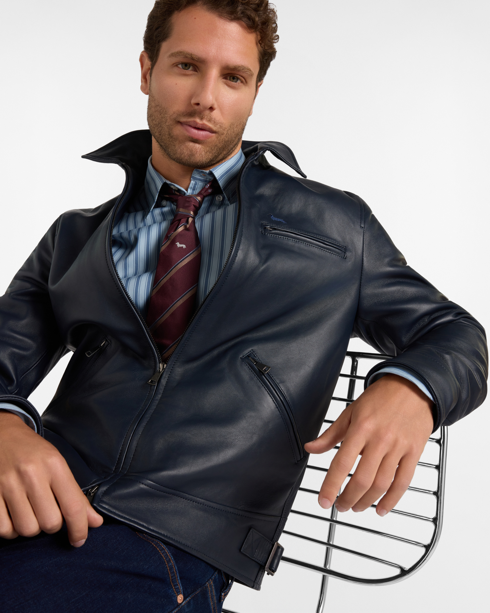 Bomber in pelle con collo a camicia — Blu navy