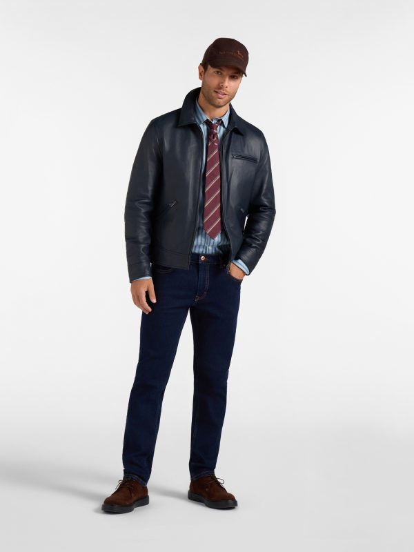 Bomber in pelle con collo a camicia — Blu navy