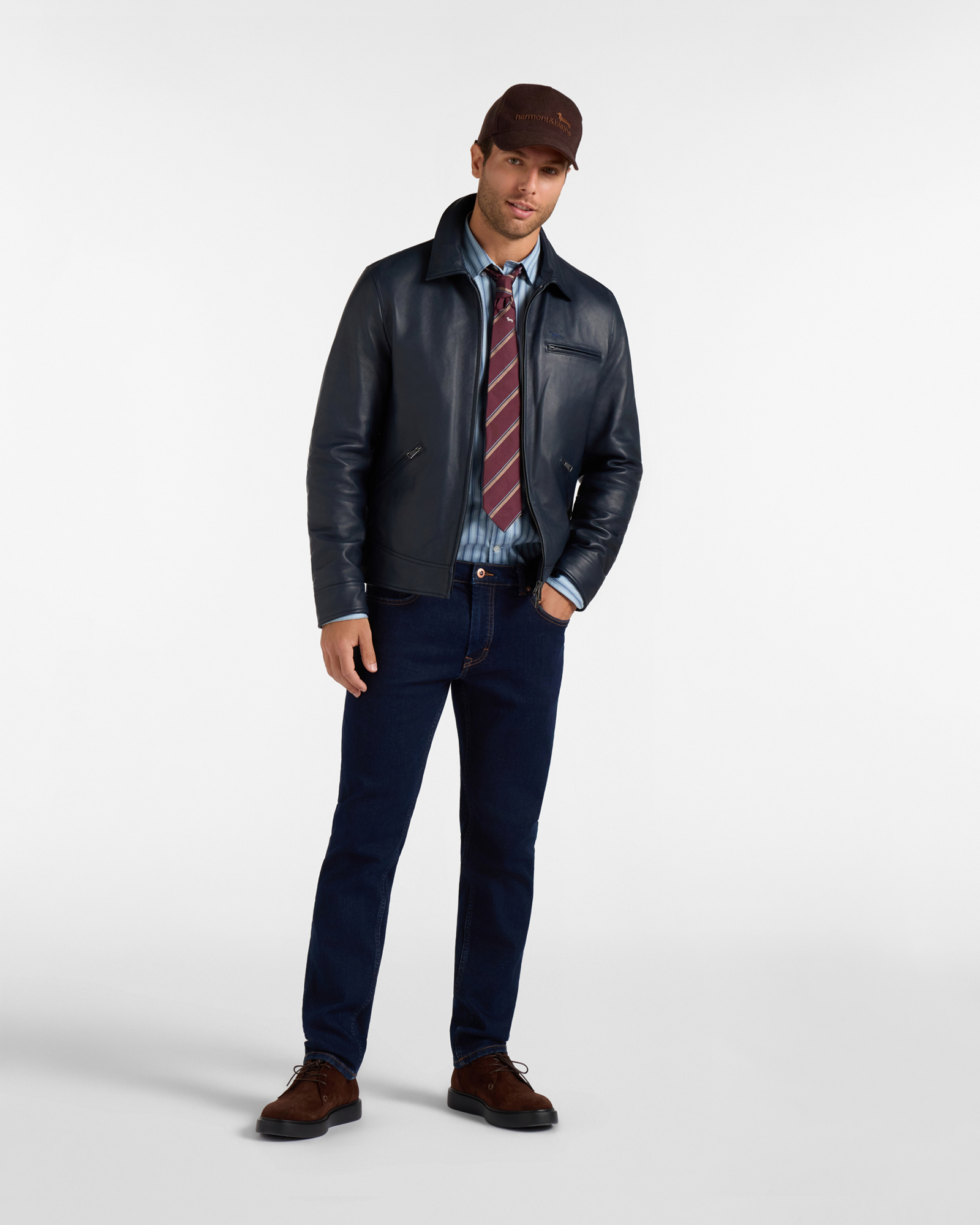 Bomber in pelle con collo a camicia — Blu navy