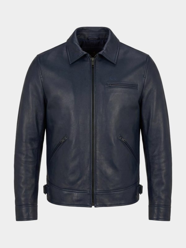 Bomber in pelle con collo a camicia — Blu navy