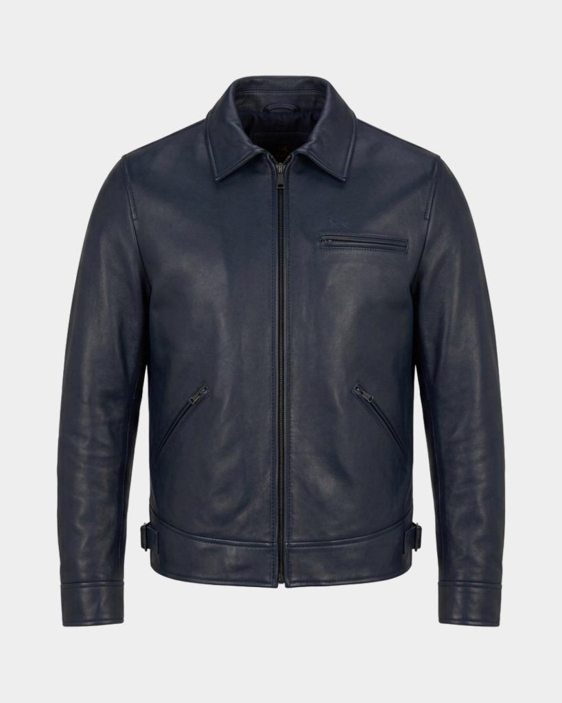 Bomber in pelle con collo a camicia — Blu navy