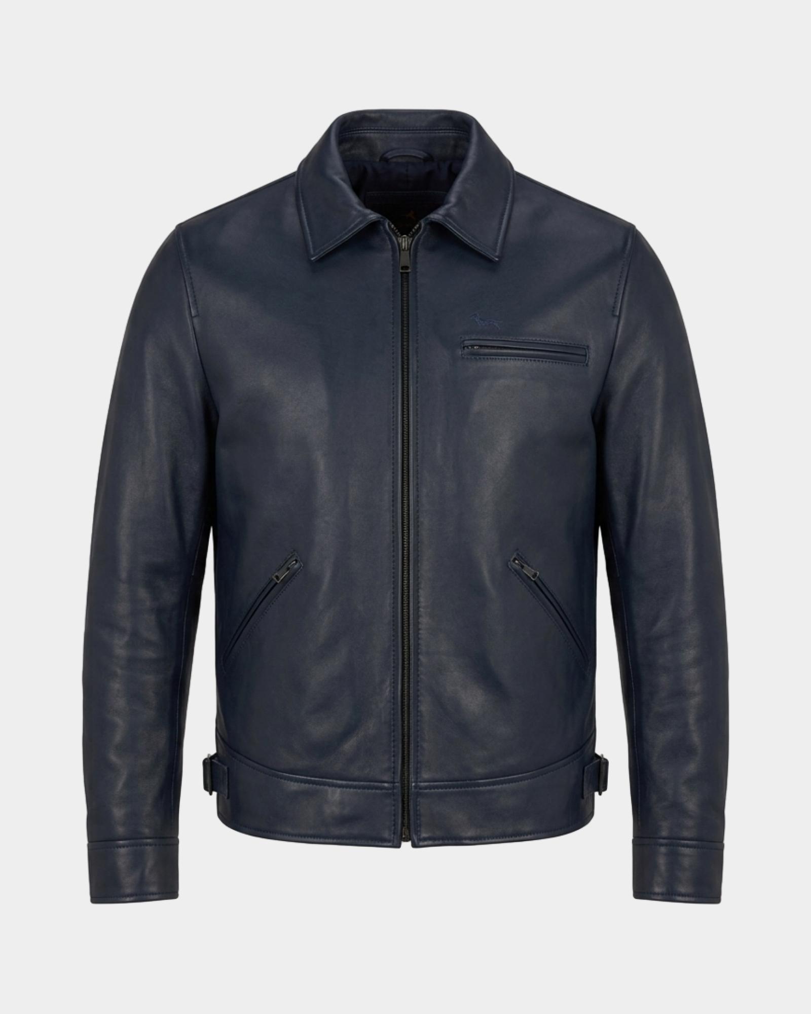 Bomber in pelle con collo a camicia — Blu navy